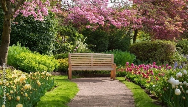 Fototapeta charming empty wooden bench sits peacefully along a garden path surrounded by fresh spring blooms