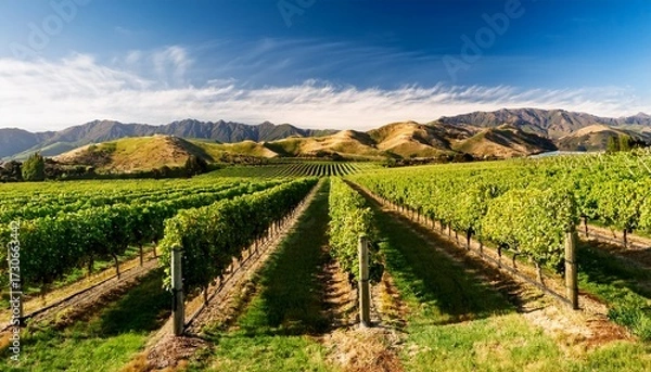 Fototapeta marlborough vineyard rows growing with mountain range background