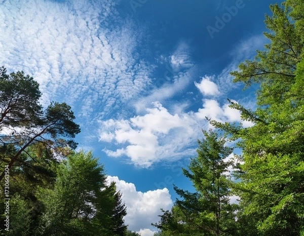 Fototapeta sky with white clouds and green trees