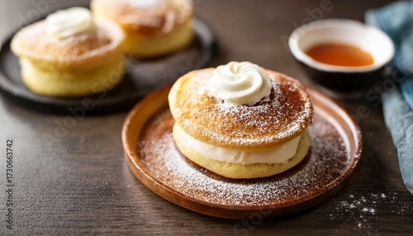 Fototapeta fluffy japanese style mini pancake dusted with confectioner s sugar and topped with a swirl of rich cream cheese