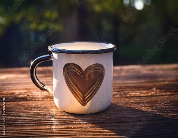 Fototapeta charming enamel mug with heart design on rustic wooden table