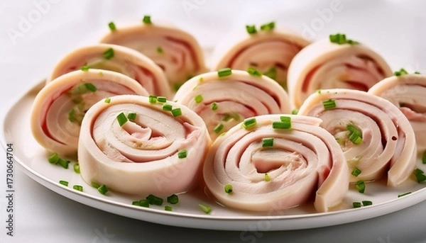 Fototapeta close up of multiple delicate creamy chicken and ham rolls on a white plate with some chives sprinkled over them