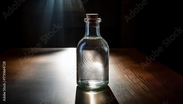 Fototapeta clear glass bottle on a dark table with a single beam of light passing through it creating refractions and shadows on the surface