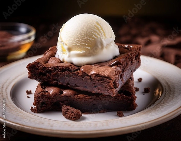 Fototapeta brownies chocolate brownies with a scoop of vanilla ice cream on top