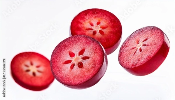 Fototapeta thin round slices of fresh cranberries fruit floating in the air against white background