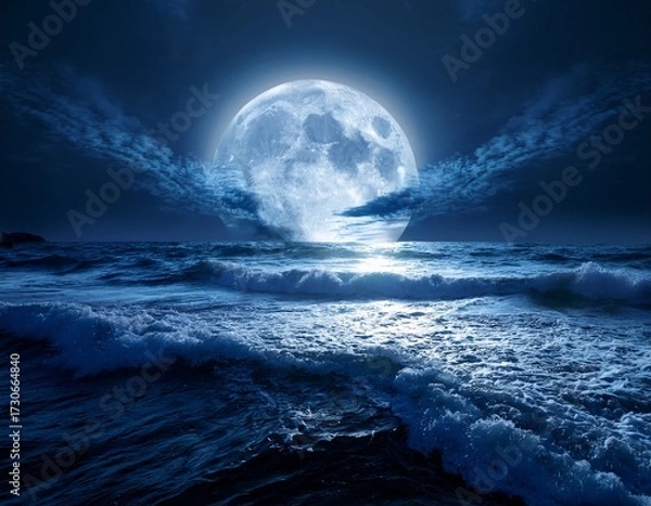 Fototapeta dark ocean waves under a full moon at night with dramatic lighting and turbulent water creating a moody atmosphere with copy space