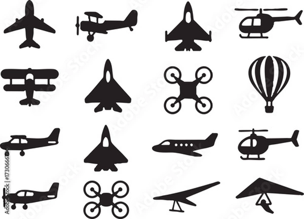 Obraz Minimal flat vector icon sheet of vehicles, solid colors, clean design, white background