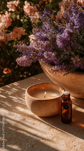 Fototapeta Tranquil Still Life with Lavender: A serene composition of purple lavender flowers, a lit candle, and an aromatherapy oil bottle on a sunlit stone surface, promoting relaxation and wellness.