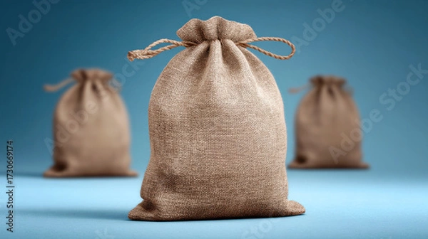 Fototapeta Three brown burlap bags sit on a flat surface against a soft blue backdrop. The bags have a simple natural look, showcasing their texture and form