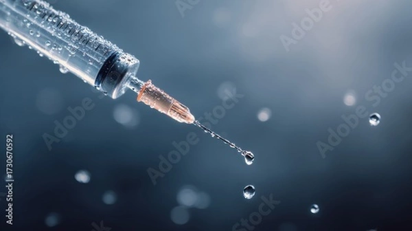 Fototapeta A syringe is shown dripping water droplets against a dark backdrop. The scene captures the fine details of the syringe, emphasizing its design and the fluid dynamics involved