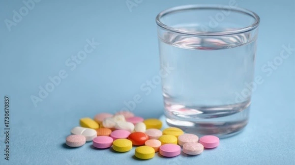 Fototapeta Colorful pills of various shapes rest next to a clear glass filled with water on a smooth blue surface, suggesting medication or vitamin intake. The scene highlights a health-conscious theme