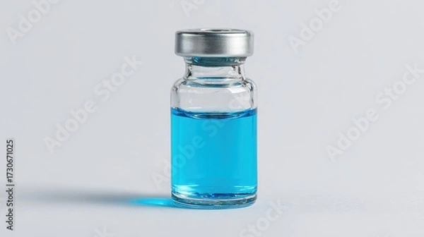 Fototapeta A small glass vial filled with a bright blue liquid is placed on a plain white background. The vial has a metal cap and casts a soft shadow under natural light
