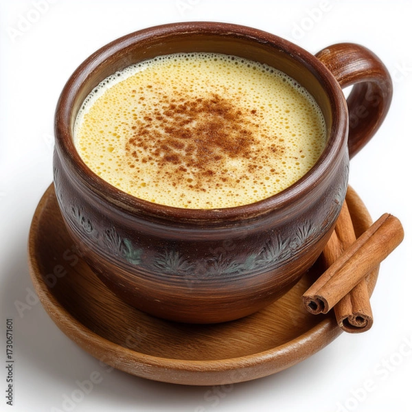 Fototapeta Mug filled with creamy yellow beverage, likely atole or horchata, topped with cinnamon powder, served on wooden saucer with cinnamon sticks.