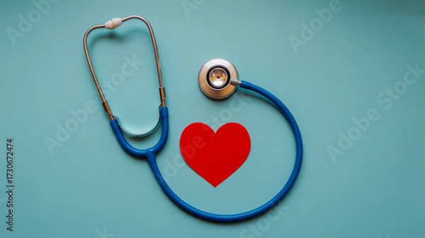 Fototapeta A stethoscope is placed around a red heart symbol on a teal background, representing healthcare and cardiology.