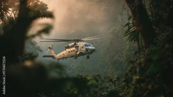 Fototapeta A helicopter hovers above a lush green jungle, surrounded by thick trees and mist. The sun rises, casting warm light throughout the scene, highlighting the vibrant foliage