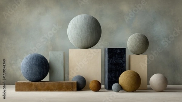 Fototapeta A collection of geometric shapes in various textures and colors sits atop simple pedestals. Soft lighting enhances their forms against a muted backdrop, creating a serene atmosphere