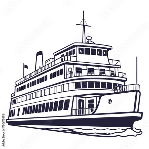 Fototapeta Stylized illustration of a large passenger ferry boat sailing on the water in a simple line art style