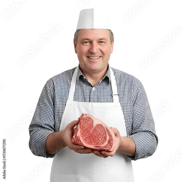 Fototapeta Smiling chef holding large raw steak on white background