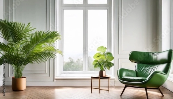 Obraz modern living room interor with green leather armchair large window and tropical plant copy space