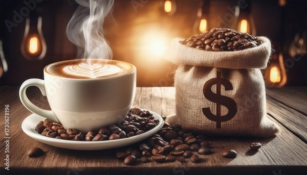 Obraz cappuccino on table with coffee beans and burlap sacks featuring dollar signs price rise theme