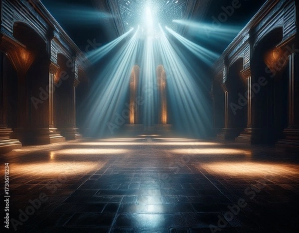 Obraz mysterious light beams piercing through a dark textured space creating an ethereal atmosphere with a blend of shadows and reflections