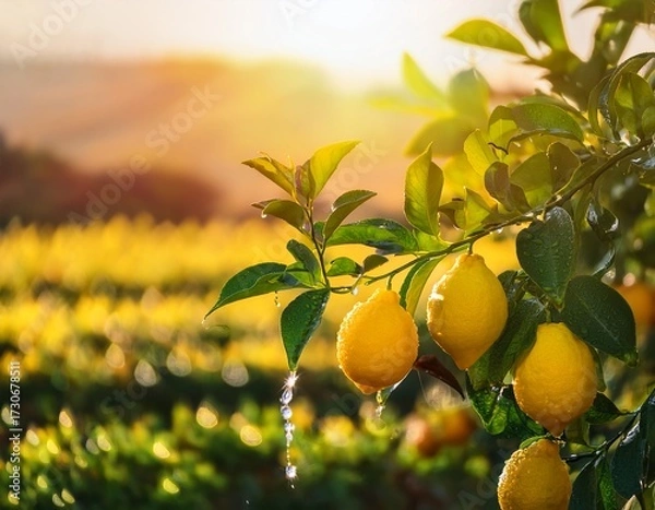 Obraz sunlit lemon tree with ripe yellow lemon fruit and water droplets vibrant orchard plantation at golden hour with blurred farm landscape