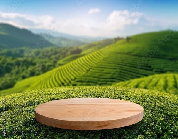 Obraz wooden round podium stage with blurry green tea field background