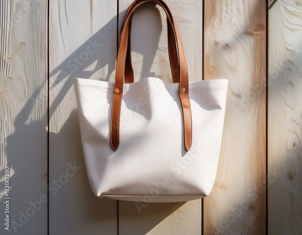 Obraz stylish white tote bag for mockup with brown leather straps hanging against a minimalist white wooden backdrop in bright sunlight