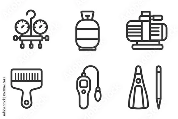 Fototapeta A set of six icons for tools and equipment. The icons include a brush, a pen, a gas tank, a pressure gauge, a pressure washer. Vector.