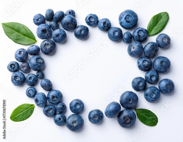 Obraz top view of blueberries and leaves isolated on a white background with space for copying an image