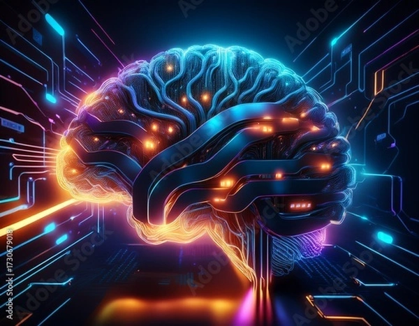 Obraz neon lights illuminate brain shapes dark cyberspace connecting hardware via generative ai abstract
