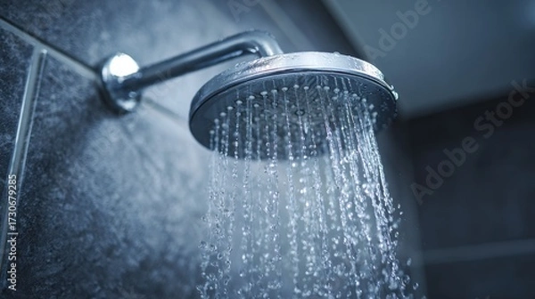 Fototapeta Water flows from a shiny shower head, creating a refreshing cascade in a contemporary bathroom. The tile walls add a touch of elegance and tranquility to the space