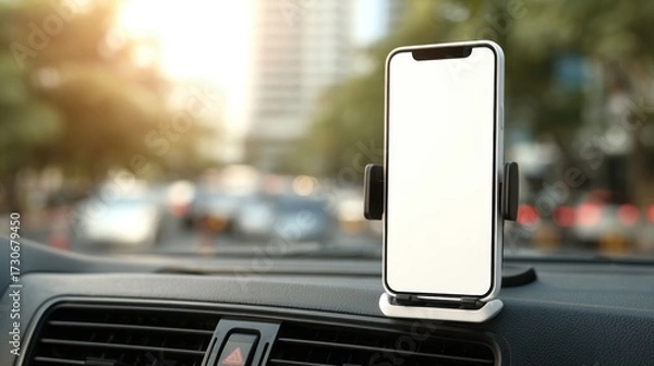 Fototapeta A smartphone is securely placed in a car dashboard holder as sunlight filters through a busy city street, creating a warm glow. Traffic is visible in the background