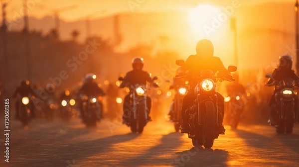 Fototapeta Groups of motorcycle riders travel along a road during sunset, surrounded by a golden sky and soft dust. The atmosphere feels vibrant and adventurous, showcasing the freedom of riding