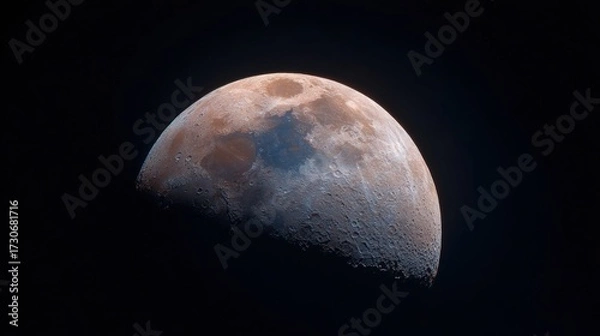 Fototapeta A clear view of the moon features its rugged surface and visible craters. The moon shines brightly against the dark night sky. Stars are faintly visible in the background