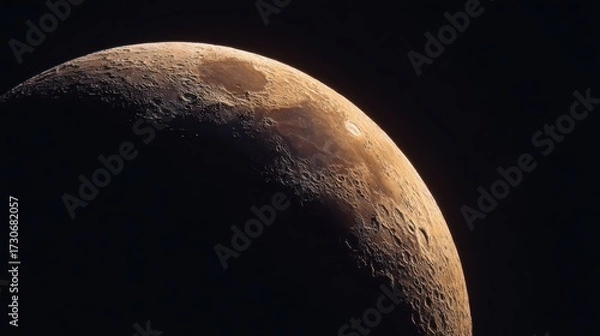 Fototapeta A stunning crescent moon displays intricate details of its surface in the early evening sky. The gentle glow contrasts against the dark backdrop, creating a captivating view