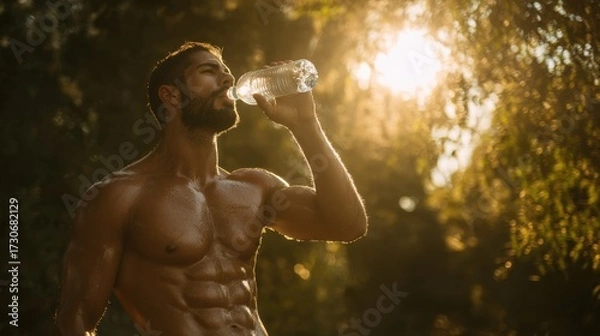 Fototapeta A fit man with an athletic build drinks water while standing outdoors. Sunlight filters through the trees, creating a peaceful and refreshing atmosphere in the evening