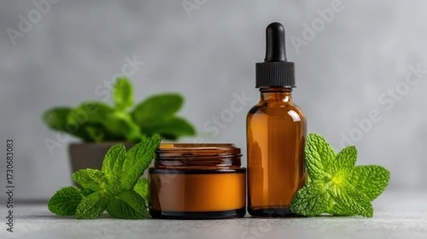Fototapeta Two amber glass containers, one with a dropper, sit beside fresh mint leaves. The arrangement suggests a focus on natural ingredients for self-care in a light and calming environment