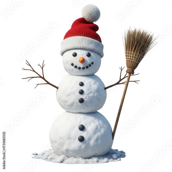 Fototapeta Cheerful snowman wearing red hat and holding broom isolated on a transparent background winter christmas