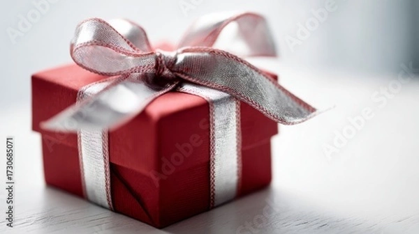 Obraz A festive red gift box adorned with a silver ribbon bow, perfect for holiday celebrations and special occasions,