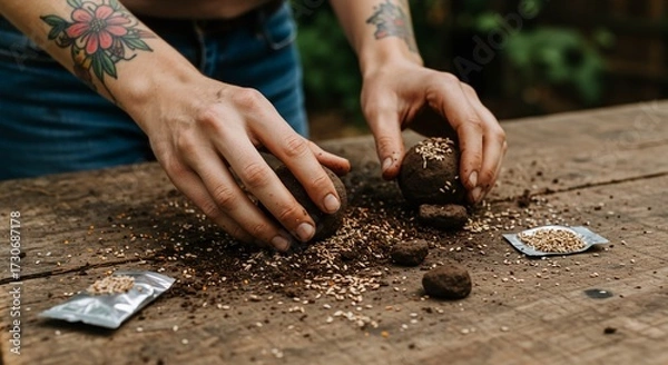 Obraz Creating biodegradable seed bombs by mixing wildflower seeds clay and compost on rustic surface representing guerrilla gardening environmental activism and urban rewilding movement