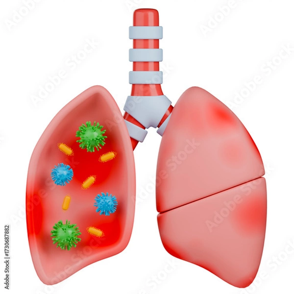Fototapeta 3D medical illustration of an infected human lung showing inflammation and various viruses and bacteria inside.