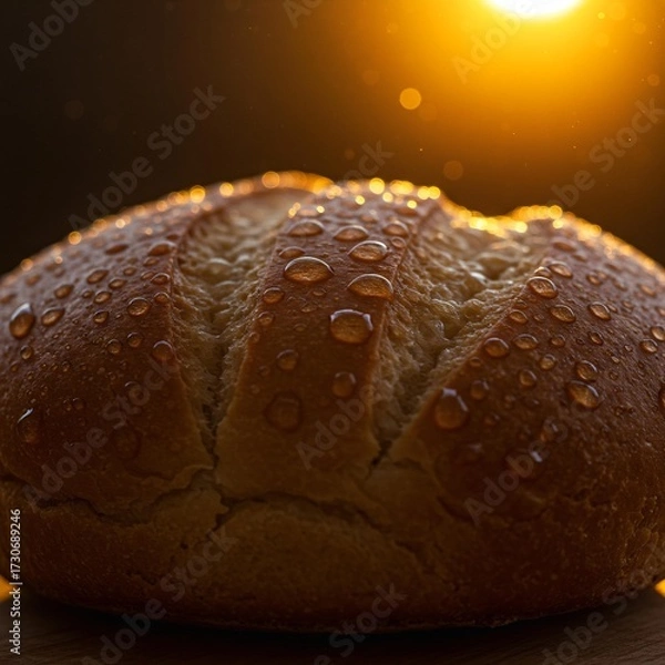 Fototapeta Freshly baked bread with dew drops in warm light.