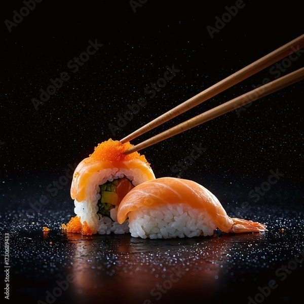 Fototapeta Delicious Salmon Sushi and Maki Roll with Chopsticks.