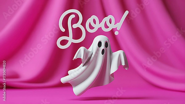 Fototapeta A playful white ghost with big eyes and an open mouth floats near the word boo against a bright pink draped background