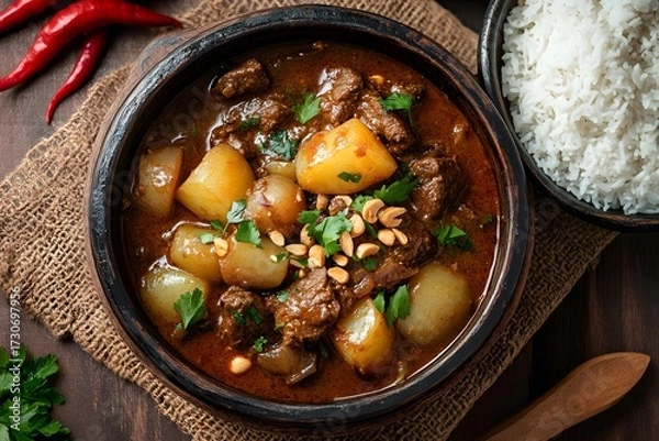 Fototapeta Asian Beef Stew (Bo Kho) with Potato, Peanut, Chili, and Rice on wooden table. 
