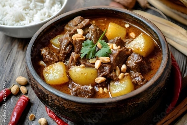 Fototapeta Asian Beef Stew (Bo Kho) with Potato, Peanut, Chili, and Rice on wooden table.