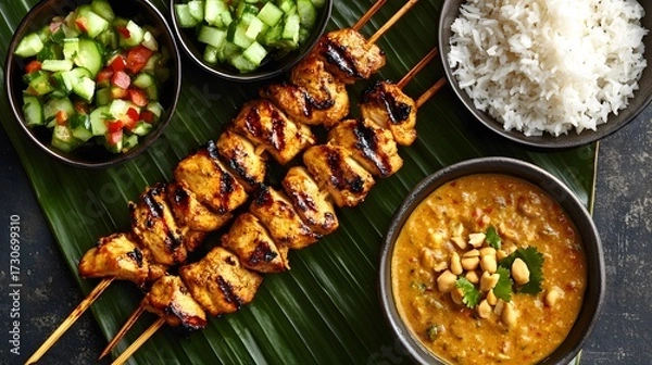 Fototapeta Thai Chicken Satay Skewers with Rich Peanut Sauce, Ajaad, and Steamed Rice