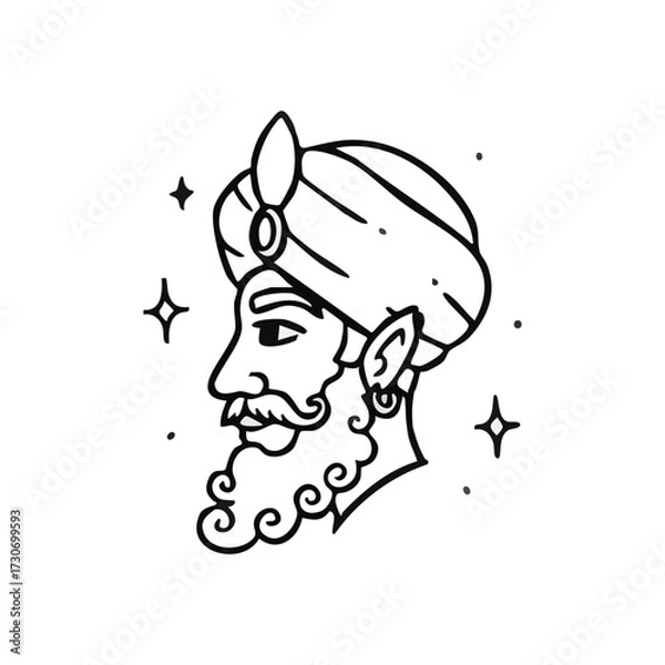 Fototapeta Mystic Bearded Man Head Profile. This captivating linear illustration features a fellow with an elaborate facial hair and headdress, viewed from the side. It evokes ancient sagacity and Eastern.