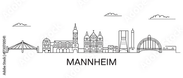 Fototapeta Mannheim Line Art skyline horizontal banner. Mannheim, Germany. with white background